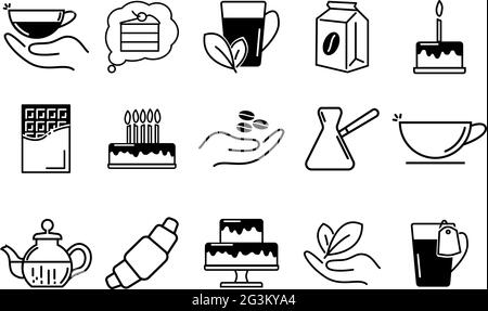 Set of coffee and tea icons. Contain cup of coffee or tea, different birthday cakes, chocolate and hands. Stock Vector