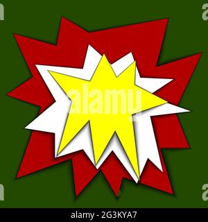 Paper Cut Bang. Vector stock illustration stylized explosion or salute. Cartoon image of an explosion. Red, white, yellow star. Color sticker Bang. Ca Stock Vector