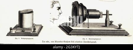 mail, telephone, first apparatus of Alexander Graham Bell, transmitter and receiver, wood engraving, 1877, ARTIST'S COPYRIGHT HAS NOT TO BE CLEARED Stock Photo