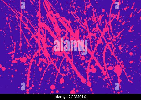 Abstract vector grunge illustration. Pink splashes of paint on a purple background. Random stains, drops, spots, ink prints. Messy handcrafted texture Stock Vector