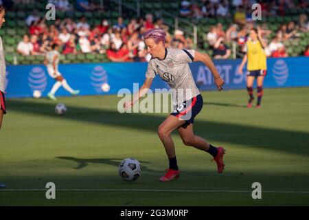 Austin, Texas, USA, June 16 2021: Forward MEGAN RAPINOE takes pre-match warmup in the early evening light before the US Women's National Team (USWNT) beats Nigeria, 2-0 in the inaugural match of Austin's new Q2 Stadium. The U.S. women's team, an Olympic favorite, is wrapping up a series of summer matches to prep for the Tokyo Games. Credit: Bob Daemmrich/Alamy Live News Stock Photo