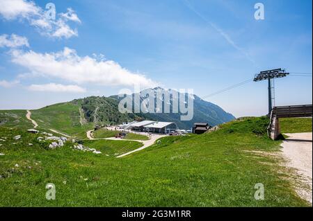 Malcesine, Italy. 15th June, 2021. The mountain station of the Funivia Malcesine cable car can be seen on Monte Baldo. Credit: Daniel Reinhardt/dpa/Alamy Live News Stock Photo