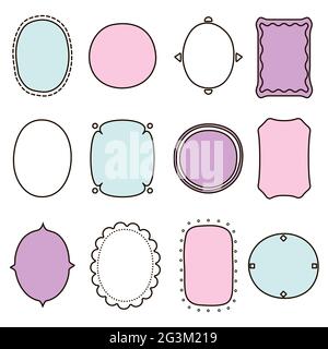 Doodle vintage line frames set. Hand-drawn color decorated border isolated on white background. Collection of copy space cute stickers, labels, emblem Stock Vector