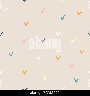 Seamless Scandinavian doodle pattern. Black, pink, blue, gold hand-drawn check marks on a pastel background. Vector cozy stock illustrations for wallp Stock Vector