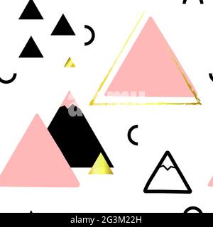 Seamless Scandinavian vector pattern. Pink, black, golden geometric shapes isolated on a white background. Triangles, mountains, semicircles. Hand-dra Stock Vector