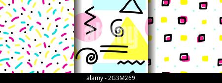 Set of seamless vector patterns in memphis style. Pink, blue, yellow, black elements isolated on white background. Collection of Colored Dots, Circles Stock Vector