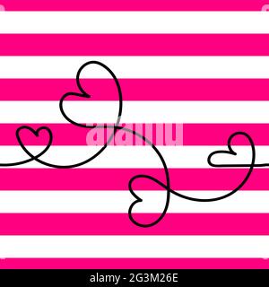 Seamless bright vector pattern with Outline hearts. Line art of a heart on a pink white striped background. Continuous wavy line forming a heart. Cute Stock Vector