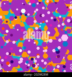 Seamless vector multicolor pattern. Blue, purple, orange random hexagons. Geometric polygonal stock illustration for wallpapers, backgrounds, textiles Stock Vector