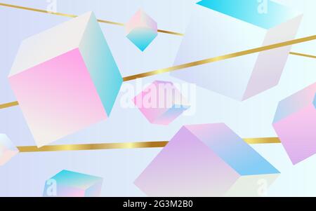 Color abstract banner with luxurious gold metallic gradient of geometric elements. Neutral pastel gentle background with cubes and golden stripes for Stock Vector