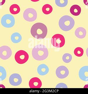 Seamless abstract rings pattern. Pastel colored circles on yellow background. Delicate, sugar, donut polka dot print. Vector cute hand drawn illustrat Stock Vector