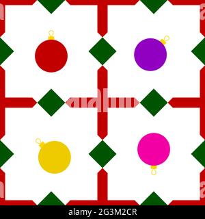 New Year seamless pattern. Christmas Red, gold, Pink, purple balls and geometric elements on a white background. Vector illustration with holiday deco Stock Vector