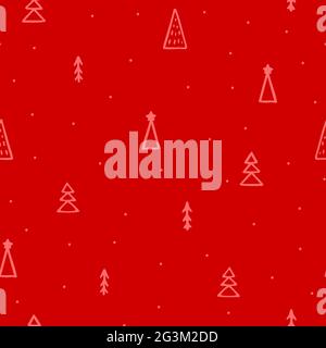 Seamless vector New Year abstract pattern. Hand-drawn pink outline Christmas trees isolated on red background. Holiday fir-trees illustration for wall Stock Vector