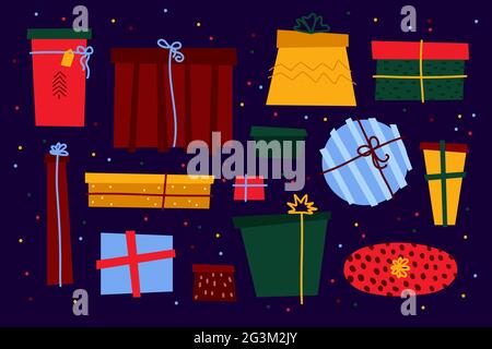 Christmas gifts in scandinavian style set. Different color presents on purple background. New Year greeting collection. Decorated boxes with ribbons, Stock Vector