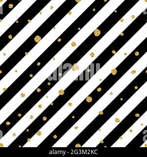 Seamless striped glitter pattern. Gold Sparkles on black and white diagonal lines background. Trend Christmas Vector stock illustration for the holida Stock Vector