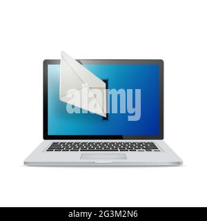 Realistic laptop on white background. Emails fly out of laptop screen. The concept of e-mailing. Stock Vector