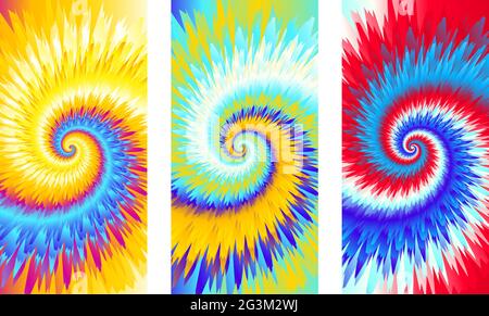Abstract festive colorful background, Bright rainbow multicolor Tie Dye pattern, vector illustration. Crazy boho spiral swirl paint print. Set of thre Stock Vector