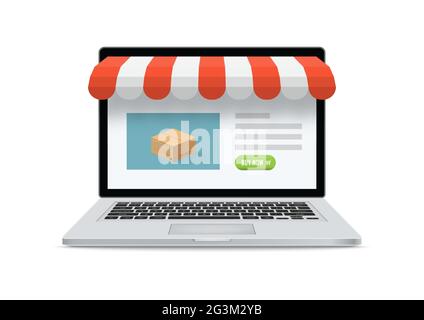 Online shop ecommerce store. Laptop with and screen buy. Concept online shopping. Stock Vector