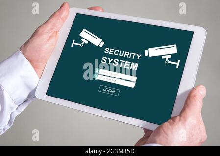 Tablet screen displaying a security system concept Stock Photo
