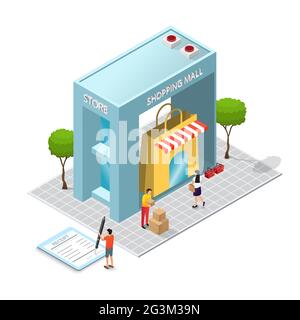 The shopping mall building and consumer concept. Shop construction. Isometry and 3d design. Store model with purchases and goods. Stock Vector