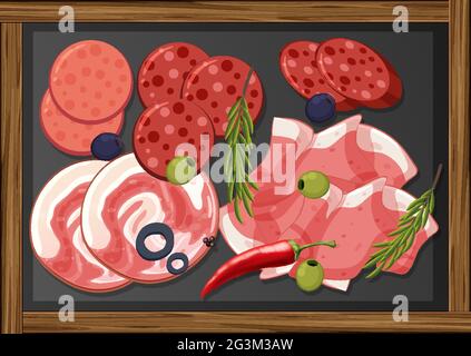 Lunch meats set with different cold meats on platter illustration Stock Vector