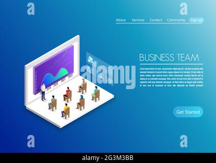 People work in a team and interact with graphs. Business, workflow management and office situations. use for landing page, info graphic and other Stock Vector