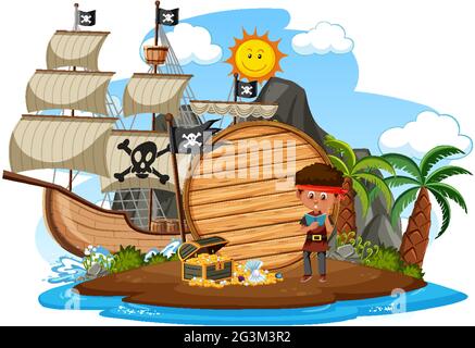 Pirate island with an empty banner isolated on white background illustration Stock Vector