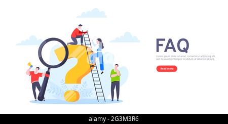 Q and A or FAQ concept with tiny people characters, big question mark, frequently asked questions template. Answers business support concept flat styl Stock Vector