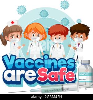 Many doctors wearing medical mask cartoon character and Vaccines are Safe font illustration Stock Vector