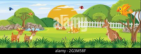 Panorama landscape with various wild animals in the forest illustration ...