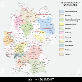 Map of the eleven German metropolitan regions in german language Stock Vector