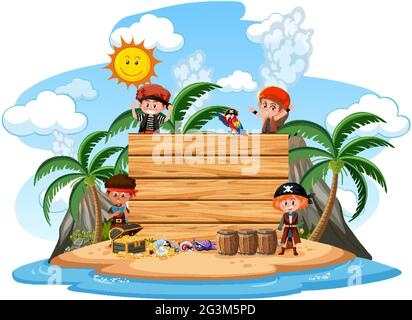Pirate island with an empty banner isolated on white background illustration Stock Vector