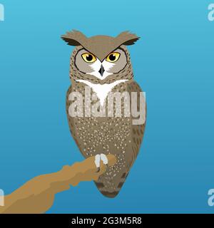 A vector illustration of a great horned owl or a tiger owl. he is perched on a branch with one paw. The background is a blue gradient. Stock Vector
