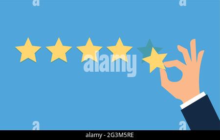 Hand putting five gold stars on blue background. Five stars quality rating icon. Stock Vector