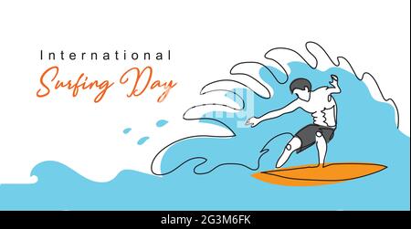 International surfing day simple vector banner, poster, background. One continuous line drawing of surfer guy on the surfboard catching the wave
