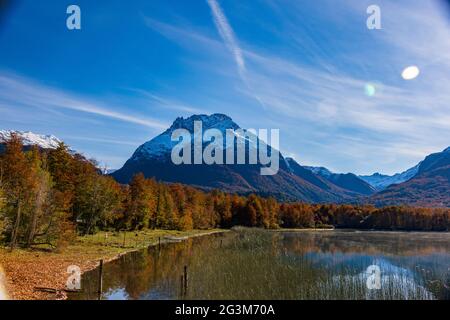 Beautiful view of the rocky Tronador stratovolcano under the blue sky in the southern Andes Stock Photo