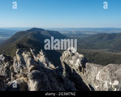 Panoramic view from the top of melbourne victorias Cathedral Ranges looking across at the cooks mill campground Stock Photo