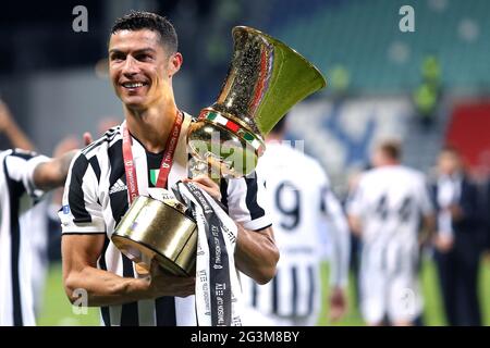 Cristiano Ronaldo of Juventus Fc celebrates the trophy at