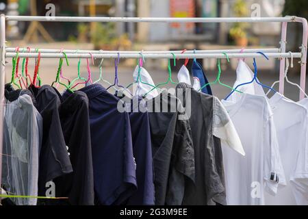 Dry clothes in the sun and cat or dog hair on the clothes Stock Photo