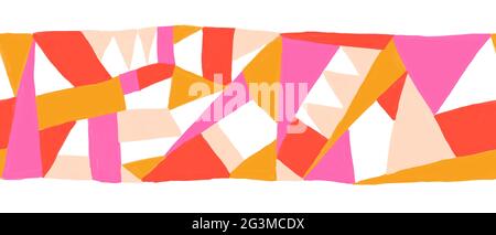 Hand drawn abstract trendy border print. Colorful creative collage pattern horizontal repeating orange pink. Organic connected shapes feminine colors Stock Photo