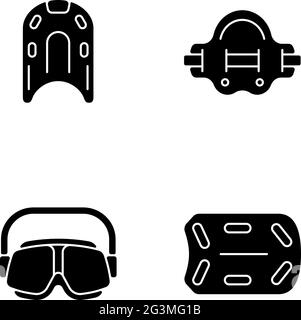 Swimming pool supplies black glyph icons set on white space Stock Vector