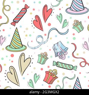 Childrens holiday seamless pattern, vector. Cute background with sweets, hearts, ribbons, gifts and confetti. Template for packaging, holiday greeting Stock Vector