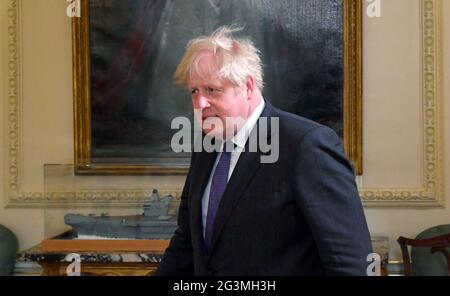 Prime Minister Boris Johnson ahead of his meeting with the Prime Minister of Bahrain, Prince Salman bin Hamad Al Khalifa, inside 10 Downing Street, London. Picture date: Thursday June 17, 2021. Stock Photo