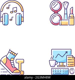 Everyday office worker routine RGB color icons set Stock Vector