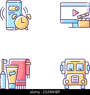 Student everyday routine RGB color icons set Stock Vector