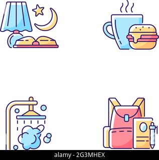 Everyday schedule and routine RGB color icons set Stock Vector