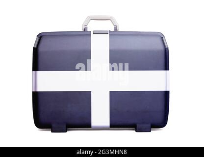 Used plastic suitcase with stains and scratches Stock Photo