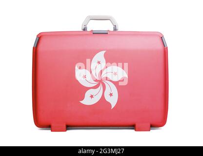 Used plastic suitcase with stains and scratches Stock Photo