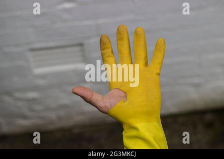 Man is doing chores around the house with yellow and blue gloves. Used broken yellow grove showing off the thumb. Taking the trash out from the bin. T Stock Photo