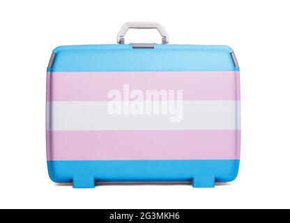 Used plastic suitcase with stains and scratches Stock Photo