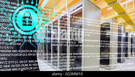 Security padlock icon and data processing over server room against ...